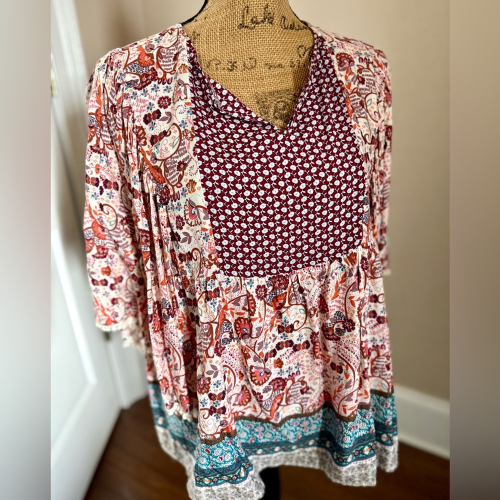 Umgee Multicolor Boho Blouse with Paisley and Floral Patterns